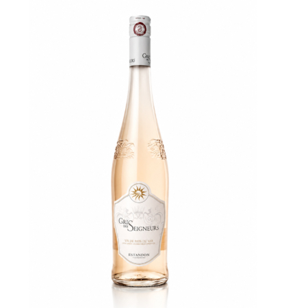 Luxe packshot van Gris des Seigneurs rosé wijnfles op witte studioachtergrond met heldere belichting en elegante uitstraling.