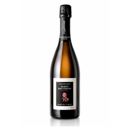 Elegante fles Baron Dauvergne Rosé Grand Cru Champagne op witte studioachtergrond met luxe belichting en glanzende packshot uitstraling.