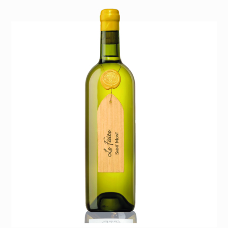 Fles Le Faîte Blanc van Plaimont, Saint-Mont witte wijn uit Zuidwest-Frankrijk, goudgele kleur, elegante presentatie met houten etiket”