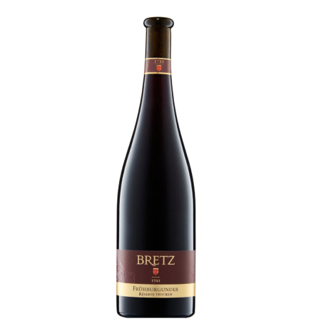 Fles Frühburgunder Barrique trocken van Weingut Bretz uit Rheinhessen met donker etiket en goudaccenten